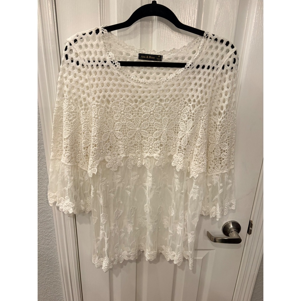Ana & Rose Tunic White Crochet Lace Floral Boho Sheer Bell Sleeve Blouse